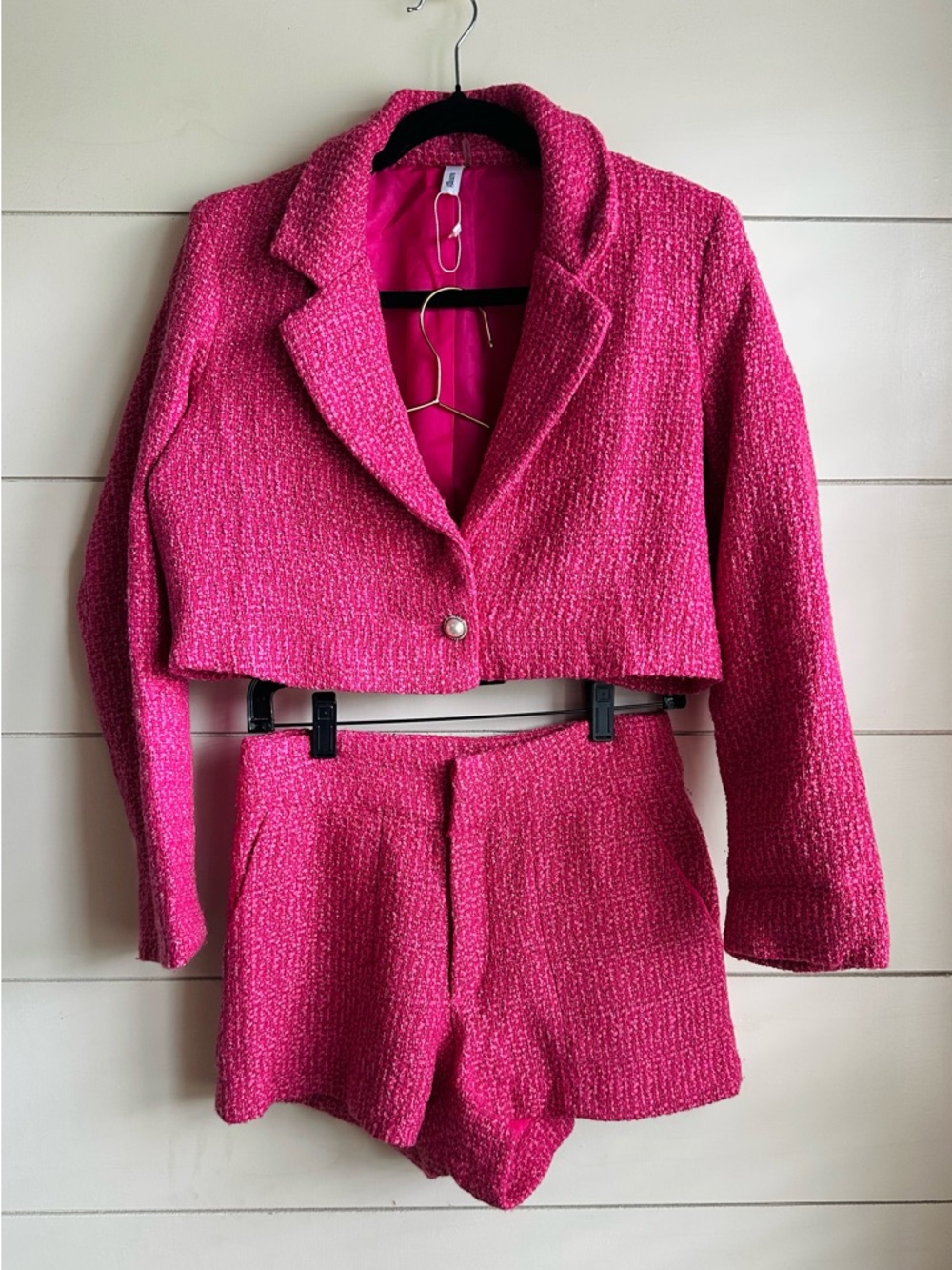 glam Hot Pink Tweed Cropped Blazer and Shorts Set